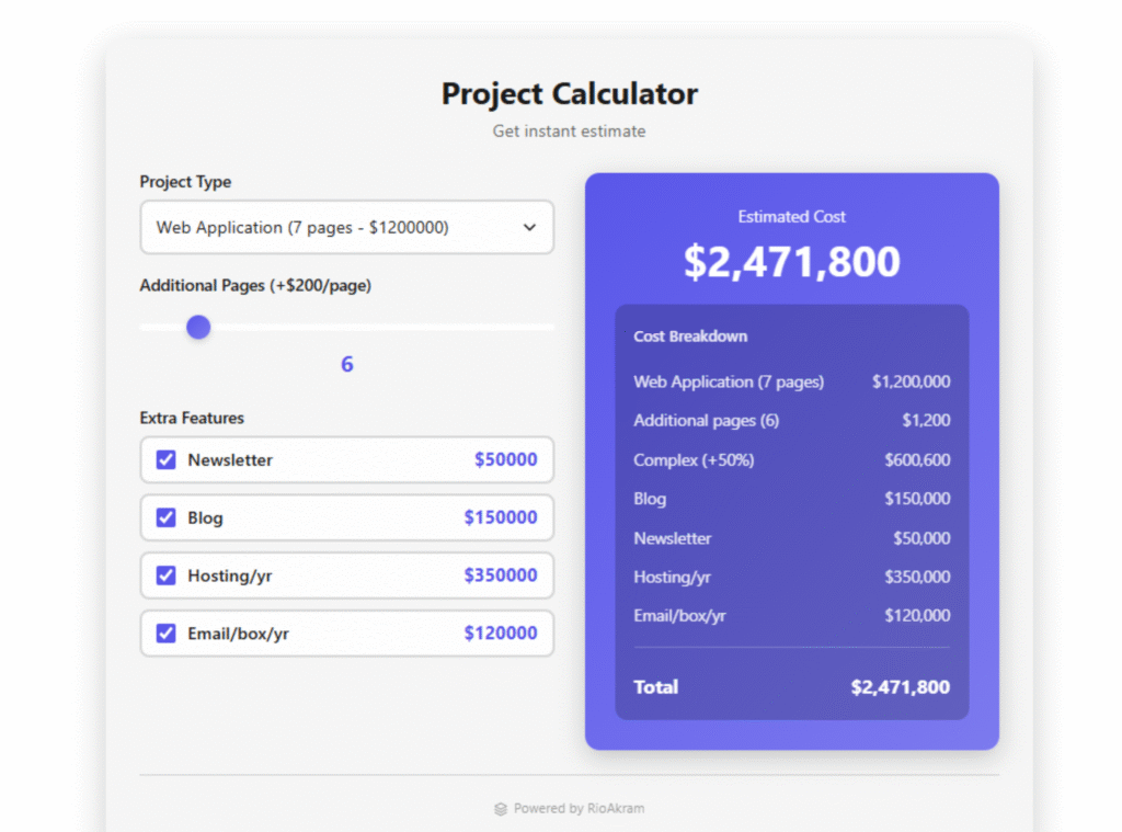 Project Price Estimator for Developers - Rioakram.com